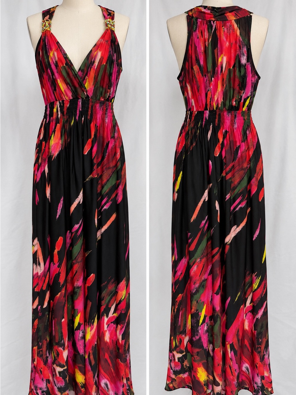 John Paul Richard Size M Abstract Floral Beaded Maxi Dress